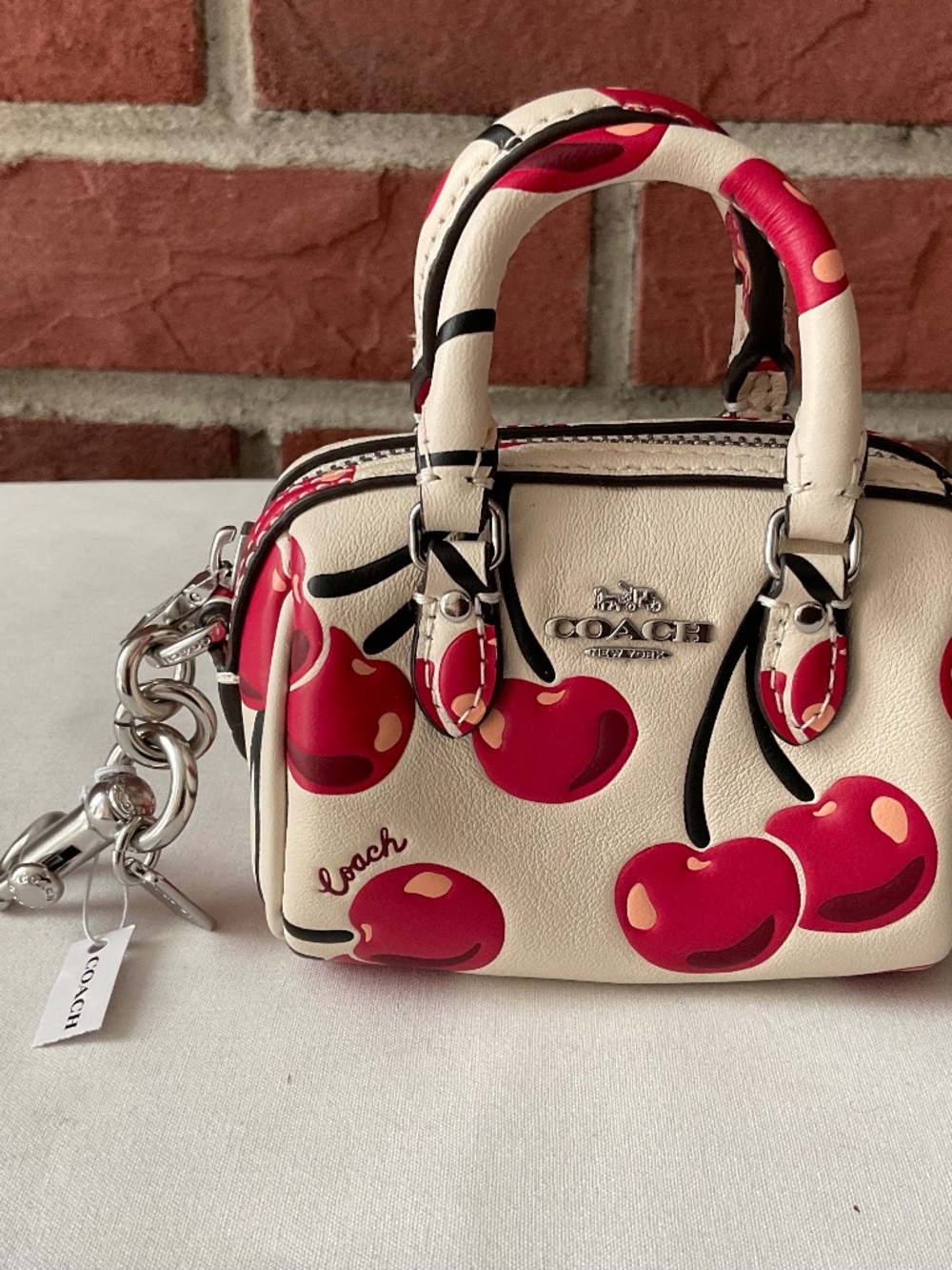 Coach Rowan Mini Bag Charm Cherry Print Leather Silver Hardware Multi NWT - Picture 3 of 16